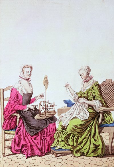 Ladies spinning and sewing by Unbekannt Unbekannt